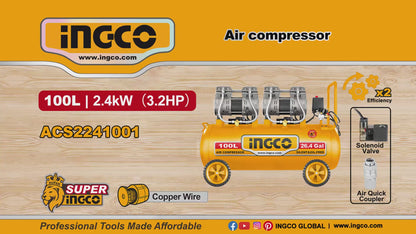 INGCO COMPRESSEUR SILENCIEUX 100L 2x200W 3.2HP [ACS2241001]