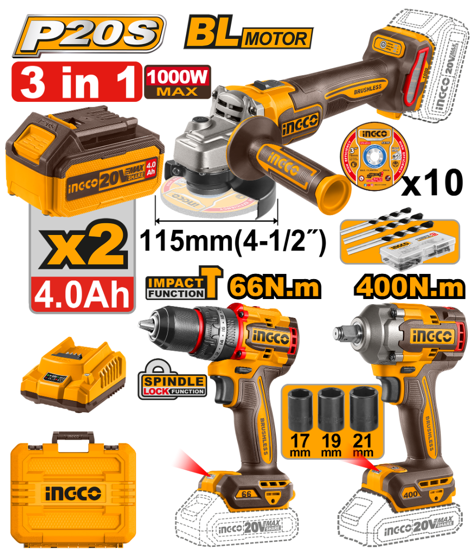 INGCO PACK 3 MACHINES MEULEUSE VISSEUSE BOULONNEUSE 20V [COSLI2412291] – INGCO Maroc