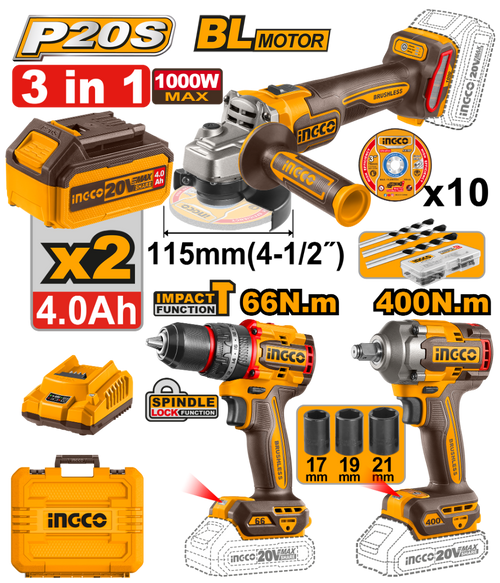 INGCO PACK 3 MACHINE MEULEUSE VISSEUSE BOULONNEUSE 20V [COSLI2412291]