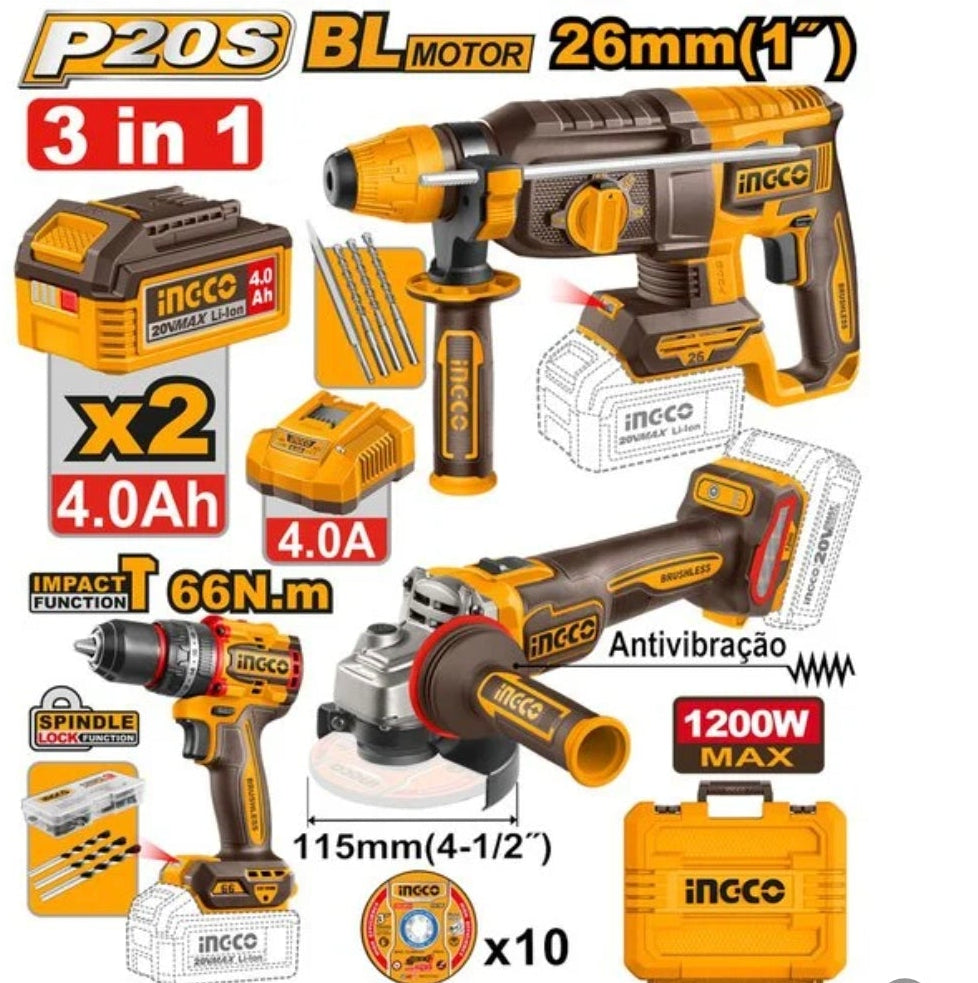 Kit perforateur, meuleuse et perceuse sans fil Brushless 20V 66Nm avec batteries INGCO – COSLI241198 – INGCO Maroc