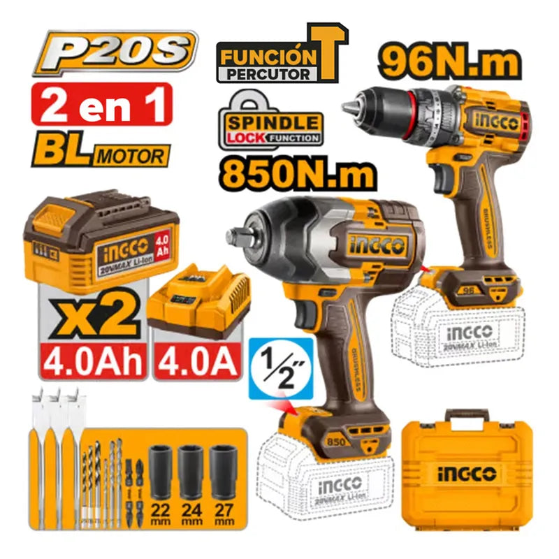 INGCO PACK VISSEUSE 96NM + BOULONNEUSE 850NM 20V 2 BATTERIES 4.0AH [COSLI250586] – INGCO Maroc